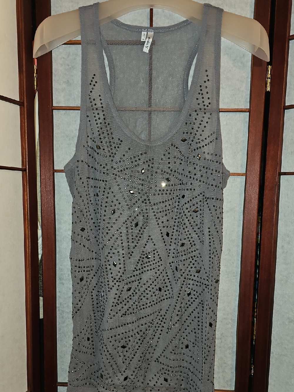 Studio Y Gray Embellished Mesh Racerback Tank